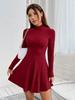 European & American Spring/Summer Slim Fit A-Line Ribbed Dress with Half High Neck & Long Sleeves
