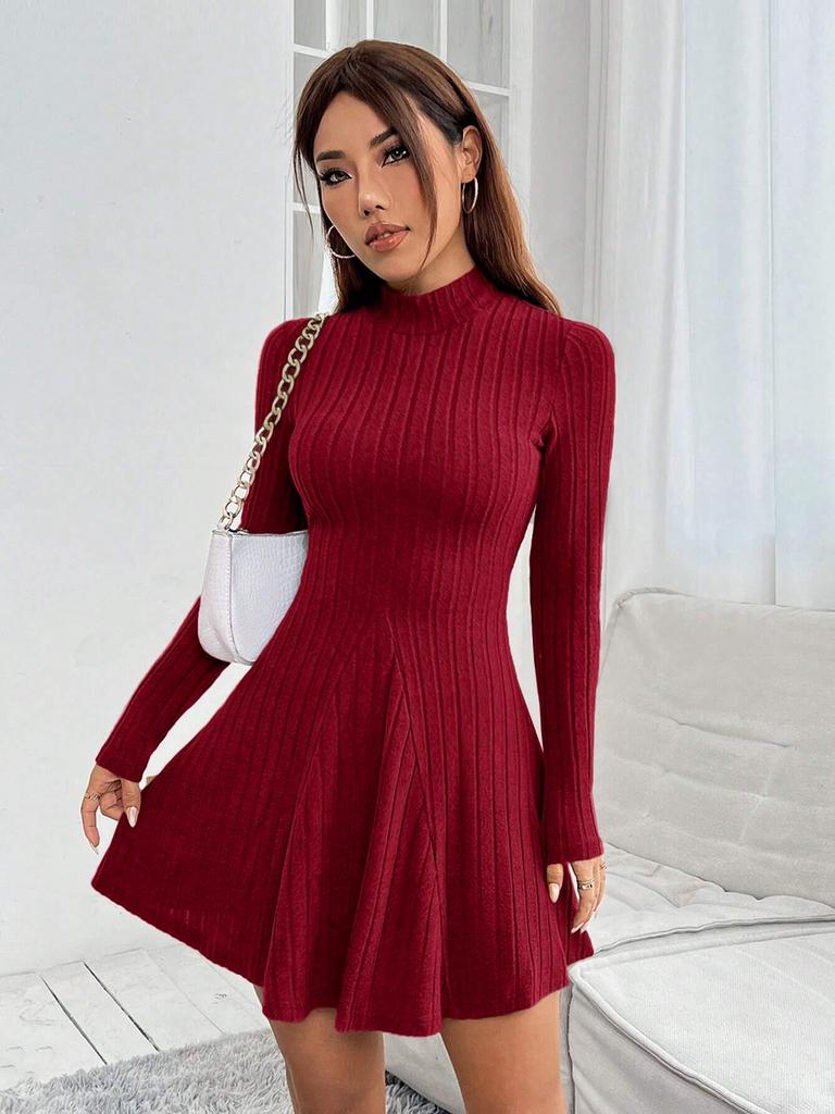 European & American Spring/Summer Slim Fit A-Line Ribbed Dress with Half High Neck & Long Sleeves