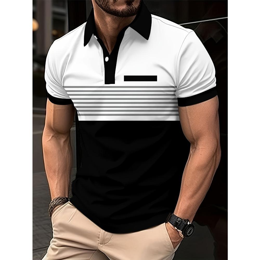 Summer Men's Sports and Leisure Outdoor Polo Shirt, 3D Digital Printed Men's Multi-color Striped Top
