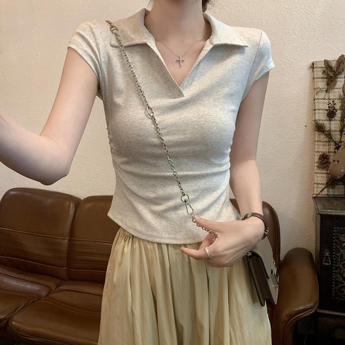 

Spicy Girl Slimming Irregular Pleated Cropped Polo T-shirt for Women 500 Pieces Minimum Order білий/сірий колір