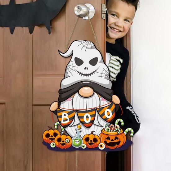 Halloween Gnome Door Sign Wooden Boo Gnome Hanging Sign Rustic Happy Halloween Ghost Sign for Farmhouse Front Door Porch Wall Decoration