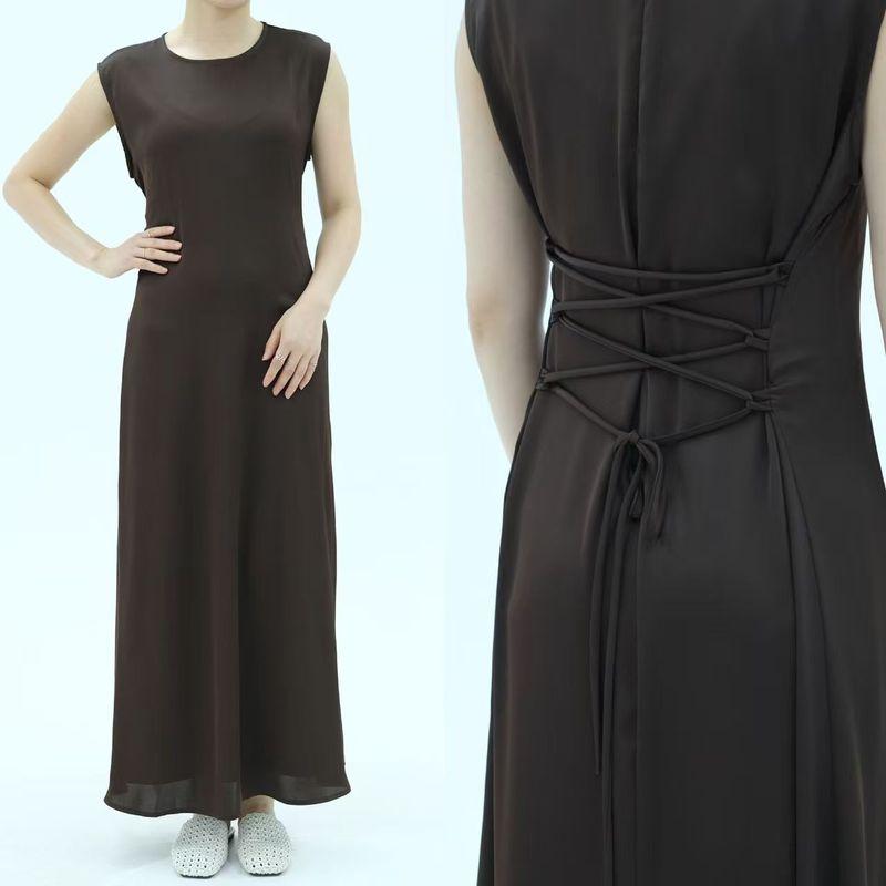 

New Arrival Middle East Fashion Pure Color Silm round Neck Sleeveless Shoelace Waist Dress Sleeveless Dress Brown XL