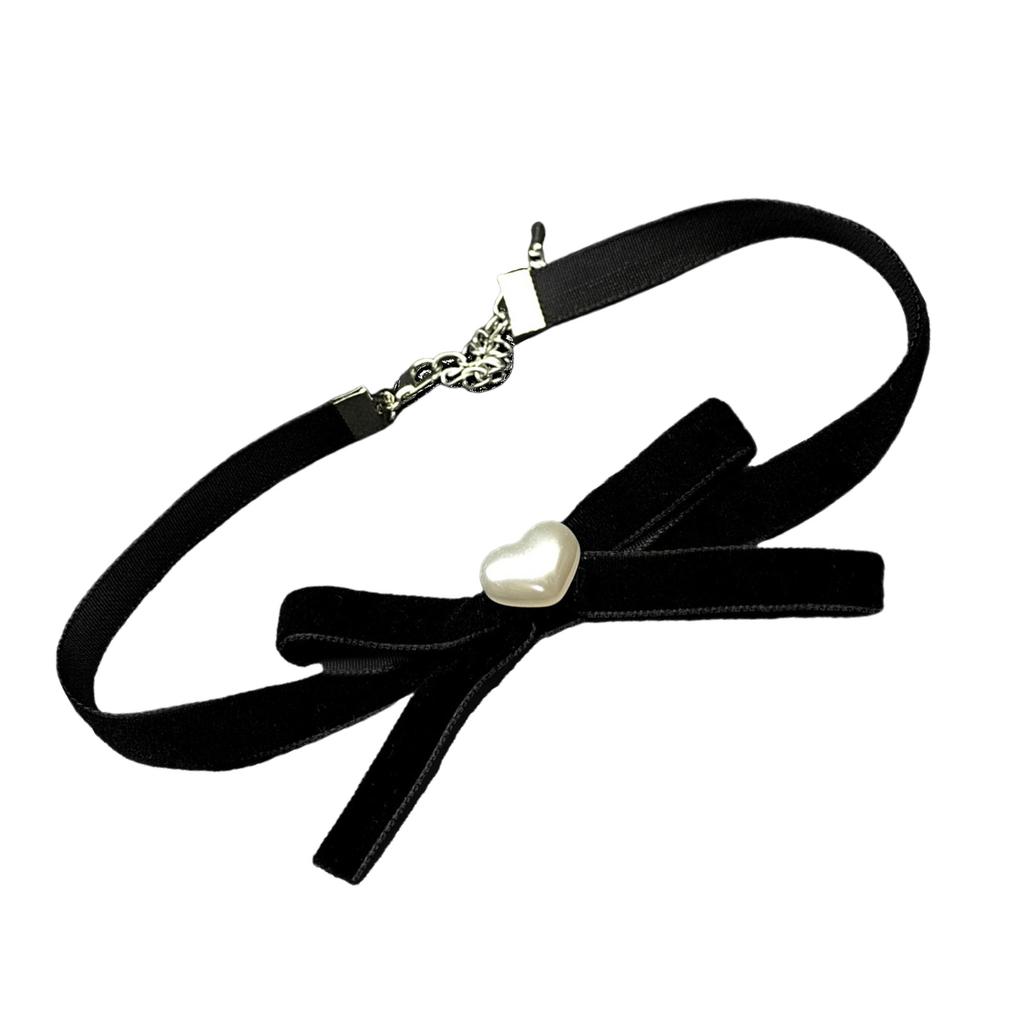 Handmade Bowknot and Pearls Heart Necklace Adjustable Length Clavicle Chain Stylish Velvets Choker Jewelry for Ladies
