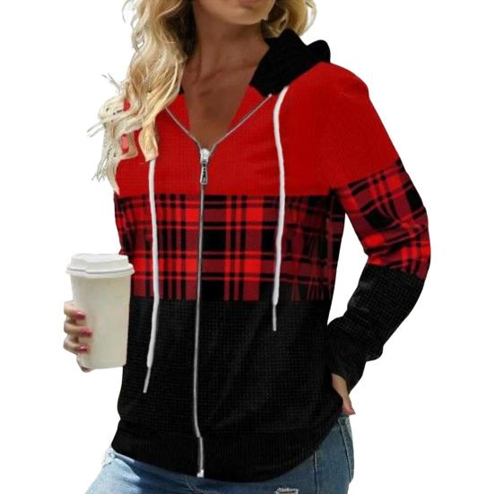 Autumn Women Hoodies Fashion Plaid Pattern Zipper Placket Cardigan Jacket Regular Fit