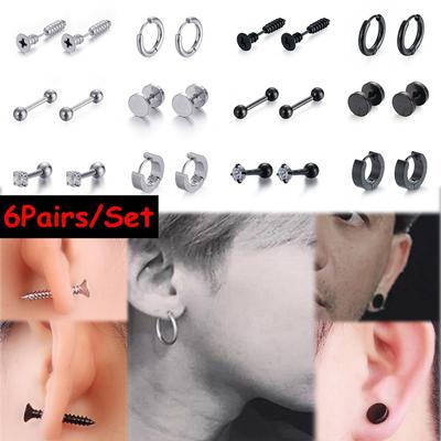 Steel Body Piercing Jewelry Pierced Black Dumbbell Stud Earrings Set Hoop Earrings Tragus Earrings