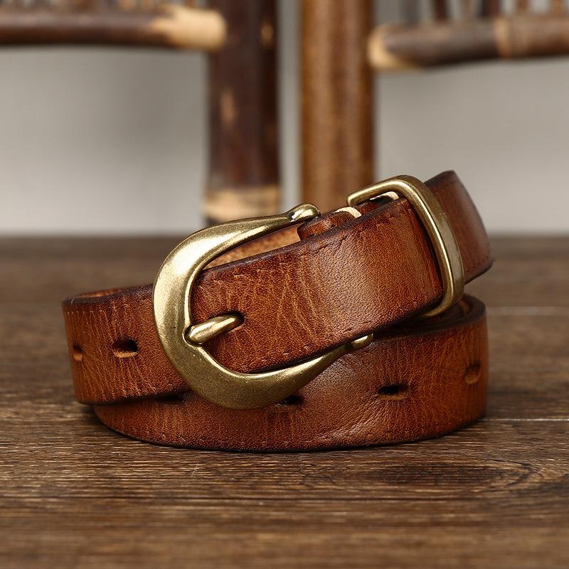 2024 Leather Belt Women'S Trend Versatile Personality Pleated Retro First Layer Cowhide Jeans Belt Women