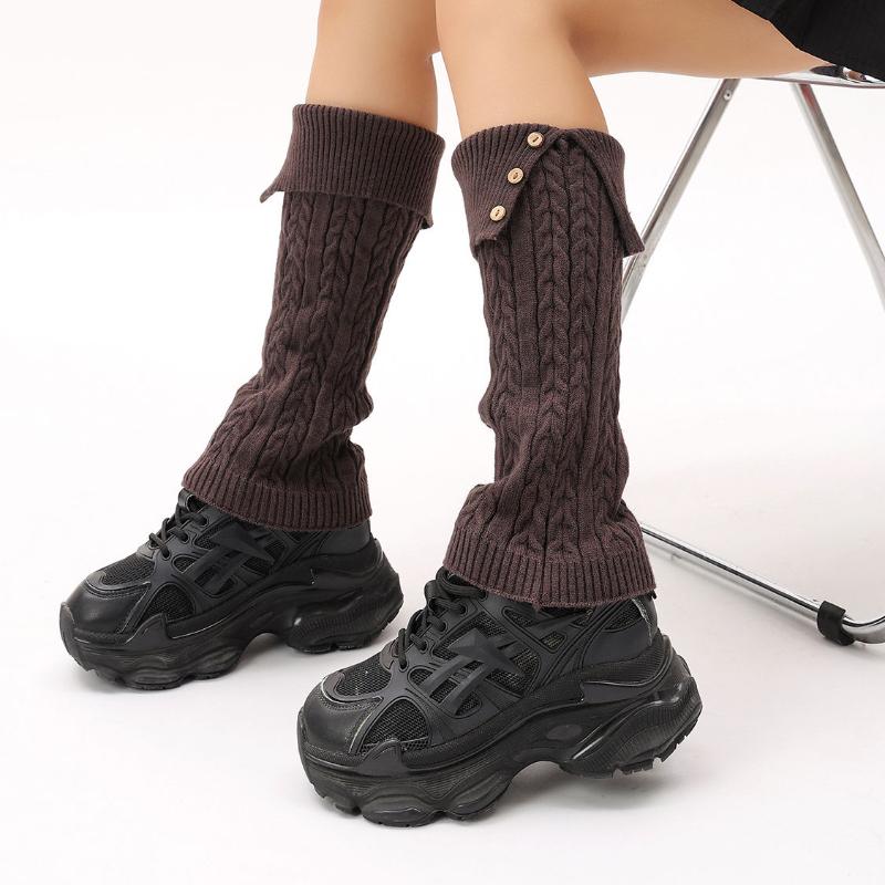 Autumn Winter Vintage Twist Design Button Cuffed Leg Warmers Anti-slip Versatile Slouchy Socks Knitted Leg Warmers for Women