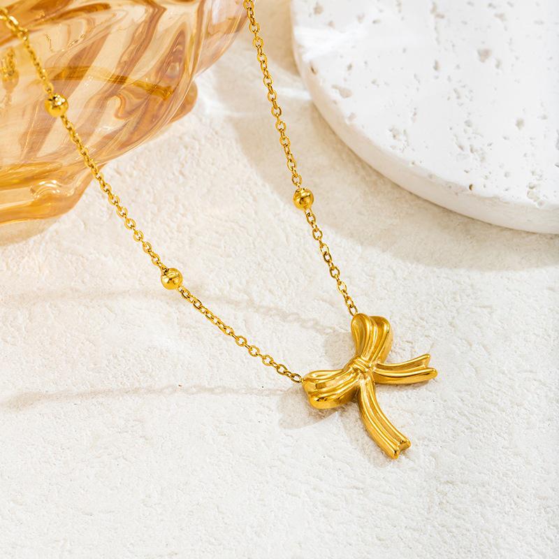 Korean Style Titanium Steel Bow and Butterfly Snake Chain Necklace for Women