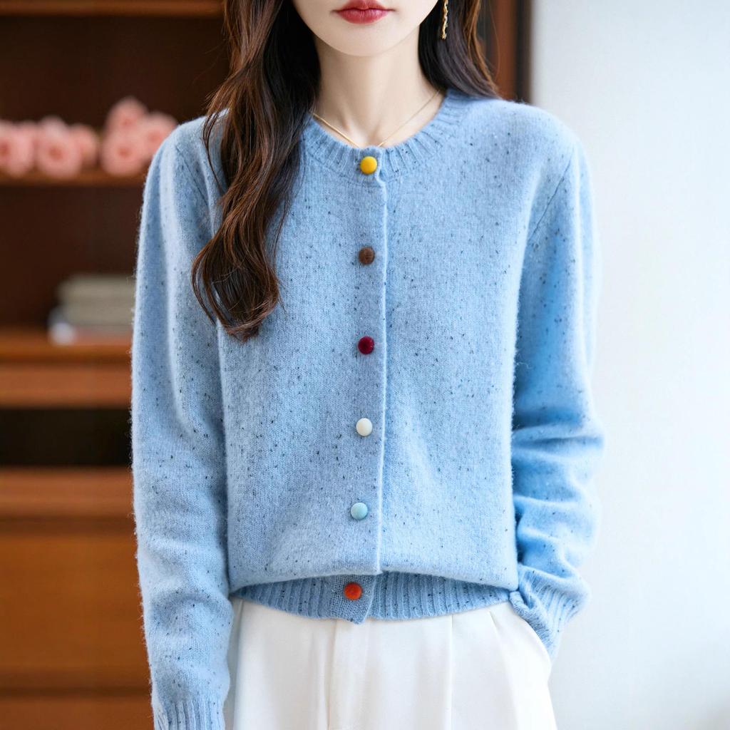 Women's 100% Wool Cardigan Sweater - Round Neck, Colorful Buttons, Loose Fit, Long Sleeve, Casual Autumn/Winter Fashion Outerwear