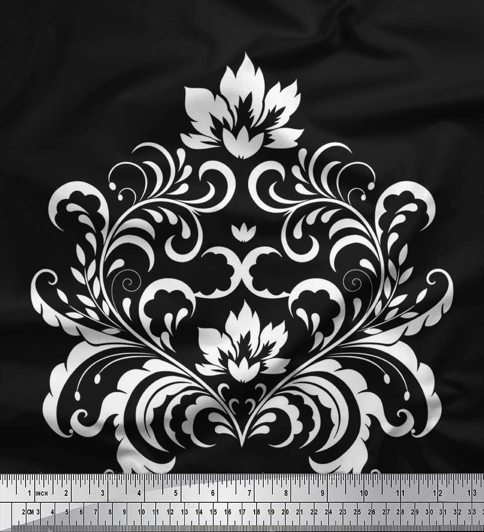 

Тканина Soimoi Japan Crepe Satin Тканина Ogee Damask Print на метр 42 дюйма 42 Inch Wide - Poly Crepe білий