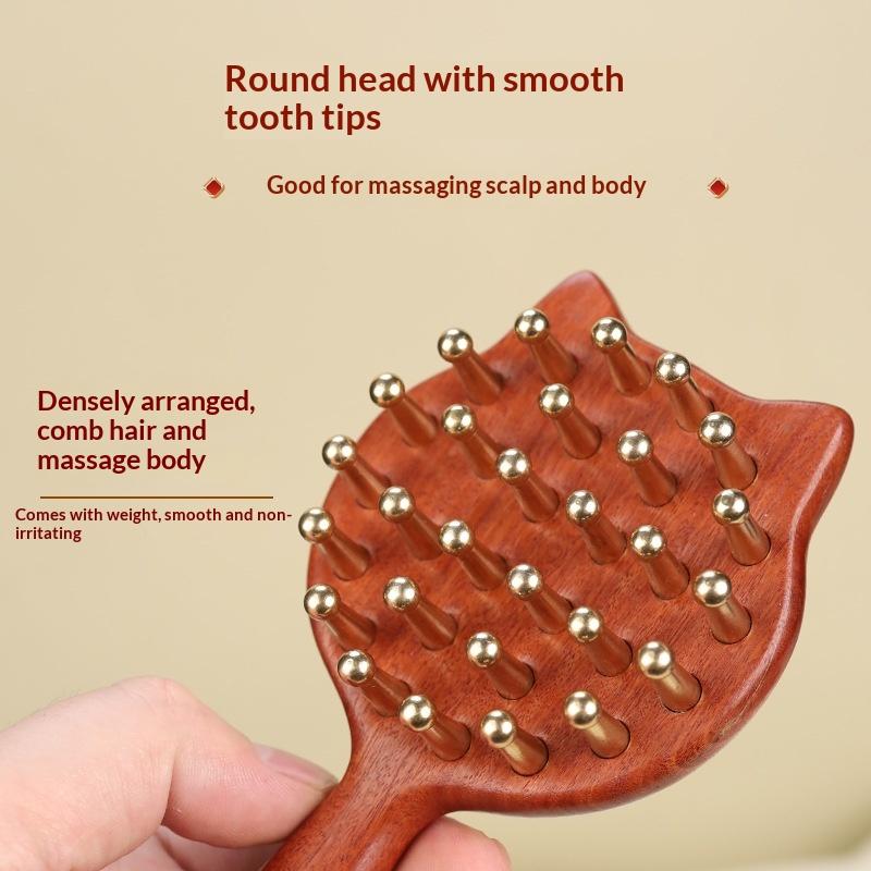 Sandalwood Massage Comb & Kitten Shape Gua Sha Tool Brass Head Long Handle Sturdy Meridian Massager Brush for SPA