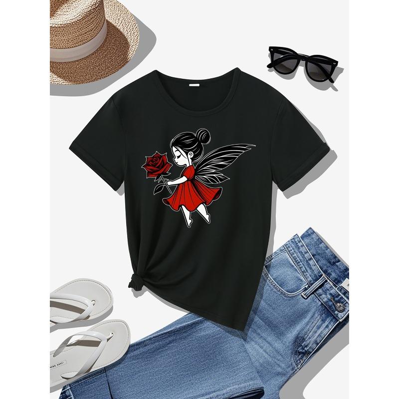 Rose Print, Fairy, Printed T-shirt, Casual Round-neck Short-sleeve Top, Suitable for Spring and Summer Wear, All-season, Women's Clothing