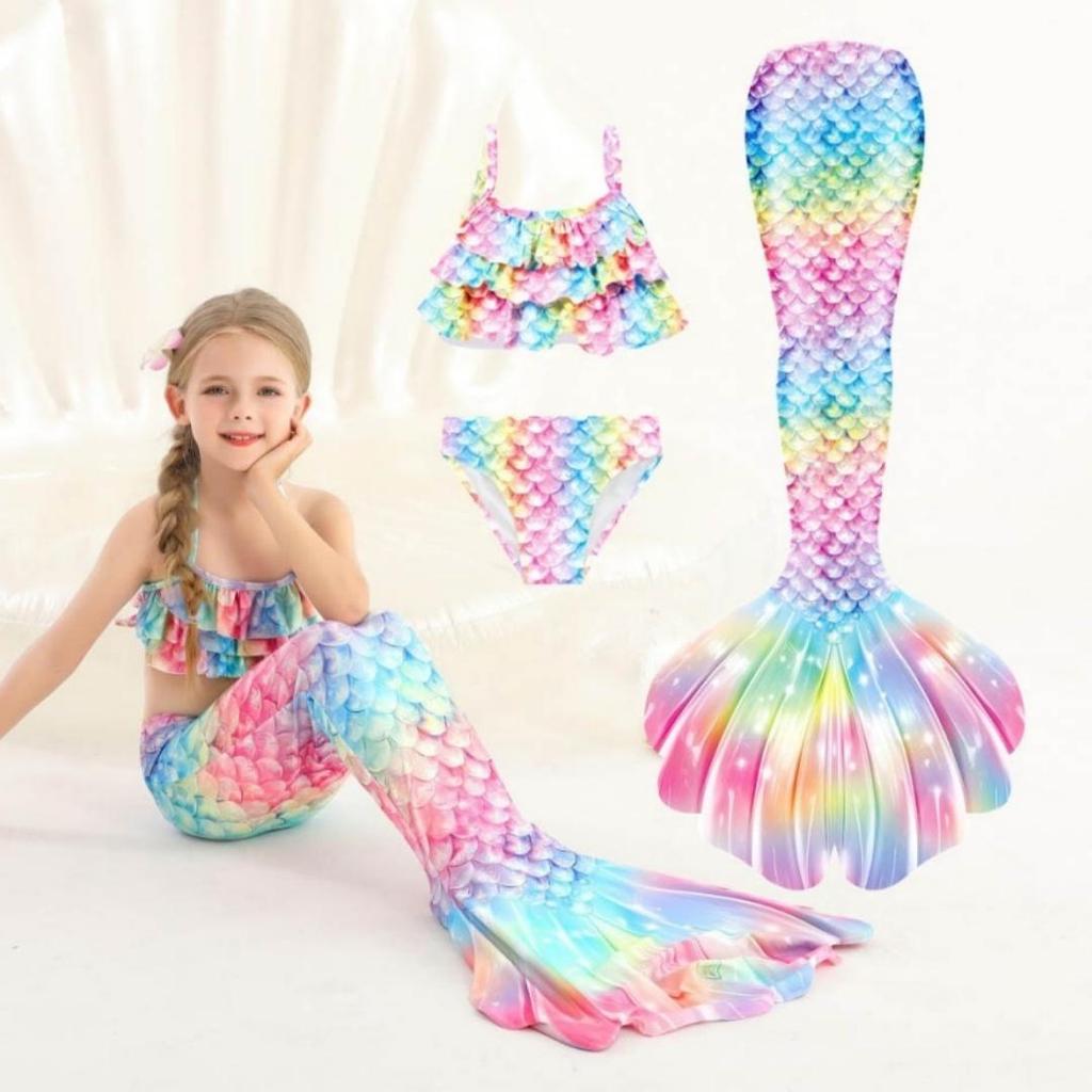 3Pcs Girls Mermaid Tail Swimsuit Children Memaid Swimwear Bikini Bathing Suit Halloween Costume Princess Beach Party Clothing
