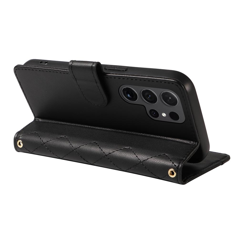 Für Samsung Galaxy S24 Ultra Brieftasche Hülle Rhombus Leder Handyhülle mit Schultergurt und Handschlaufe