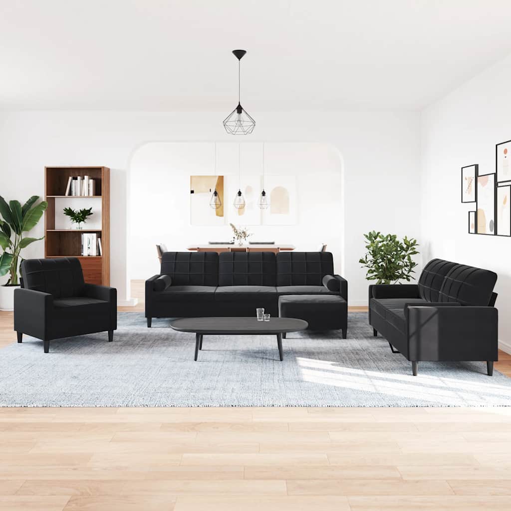 4 Piece Velvet Sofa Set with Cushions and Neck Roll Pillows Black