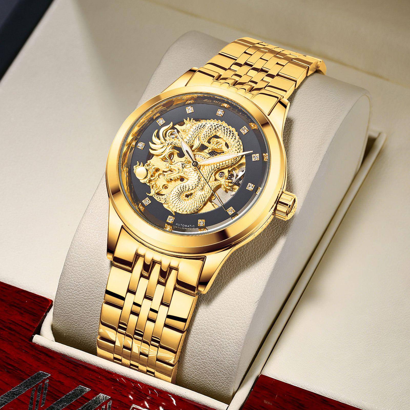 NARY Bestseller Gold Dragon Skeleton Automatic Men s Watch - Diamond Inlaid, Waterproof, Model 18028.