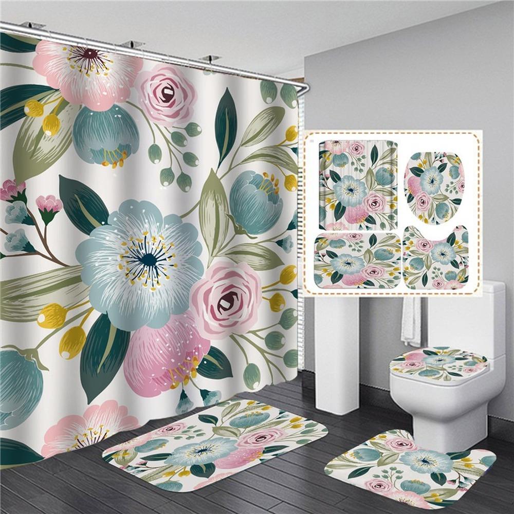 Pink Flowers Rose Elegant Printed Shower Curtain Set Waterproof Women Bathing Bathroom Pedestal Rug Lid Carpet Cortina Ducha