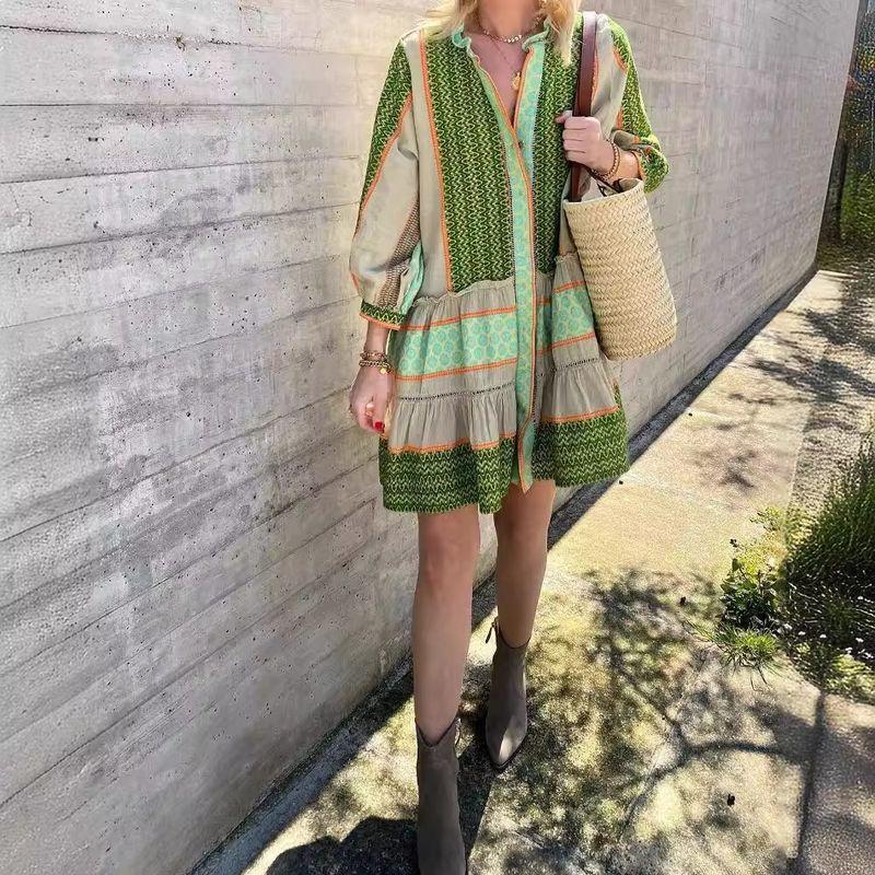 

Spring/Summer Dress2024 New Arrival Spring and Autumn Print Positioning Cotton and Linen 3/4 Sleeve Skirt Dress Dark green XL