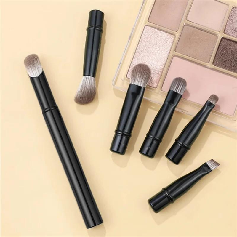 Set of 6 Mini Travel Makeup Brush Set with Case Portable Retractable Makeup Foundation Blush Blending Concealer Makeup Brush Set