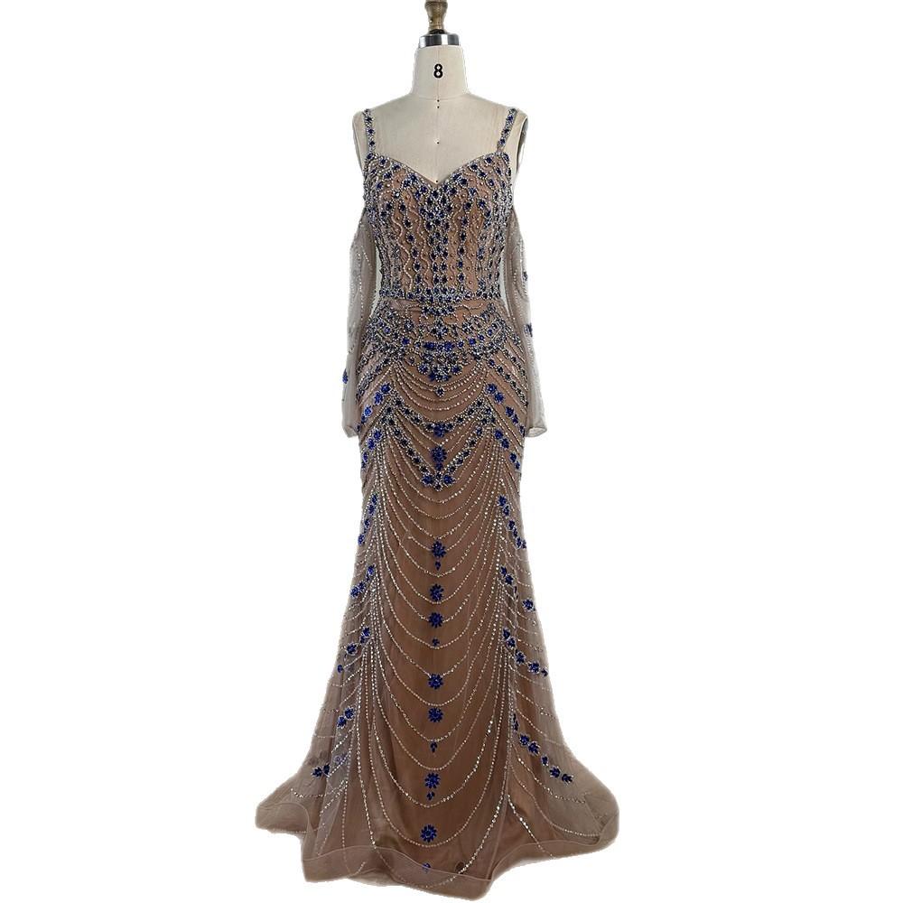 Serene hill blue suspender fishtail bead dress, luxury banquet host evening dress LA11818