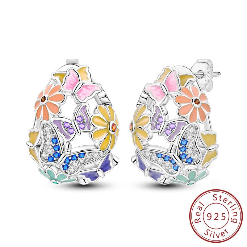 New 925 Silver Hoops Earrings Colorful Flower Butterfly Bee Drop Earring For Women Birthday Party Fashion Jewelry Gifts