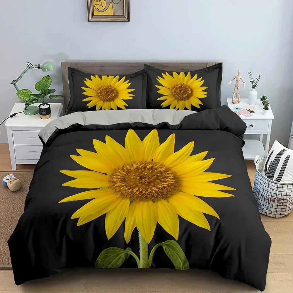 Sonnenblumen Bettbezug Florales Bettwäscheset 3D-gedruckte Bettdeckenbezüge mit Kissenbezug Einzelbett Doppelbettgröße Heimtextil