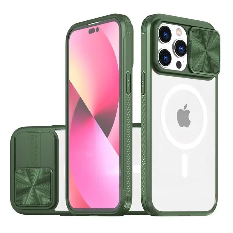 Slide Camera Lens Protector Armor Case For iPhone 16 15 13 14 Plus 11 12 Pro Max For Magsafe Shockproof Armor Bumper Clear Cover
