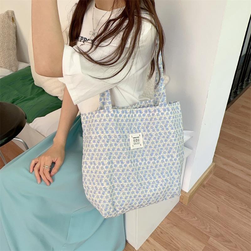 1 Canvas Bag Female College Student Class Floral Bag Cute Commuting Large Capacity Bag Shoulder Tote Bag