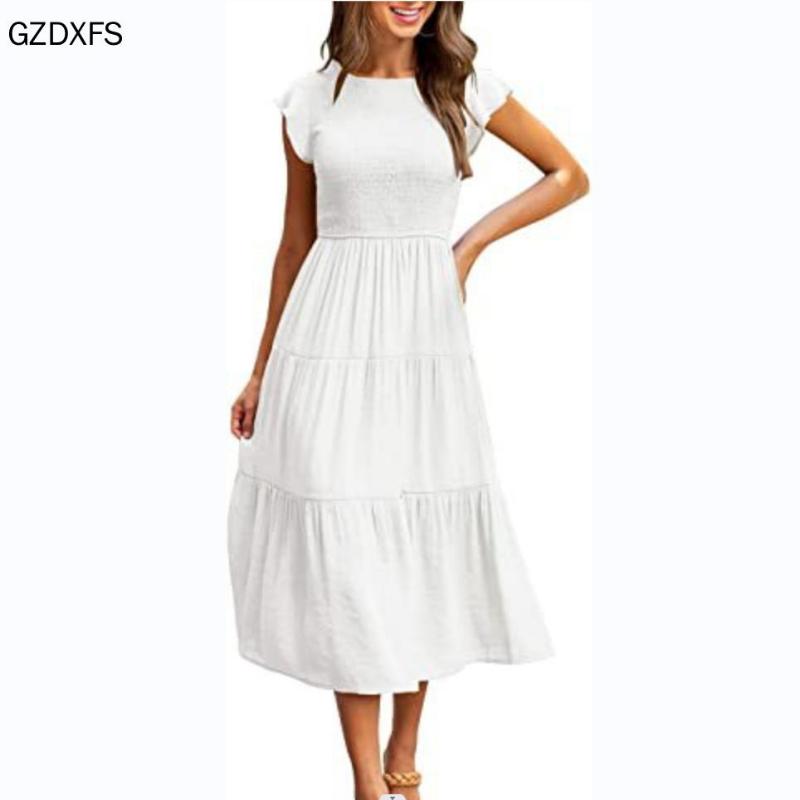 Damen-Fly-Sleeve-Fly-Sleeve-Plissee-Lagen-Kurzarmkleid mit großem Schwung