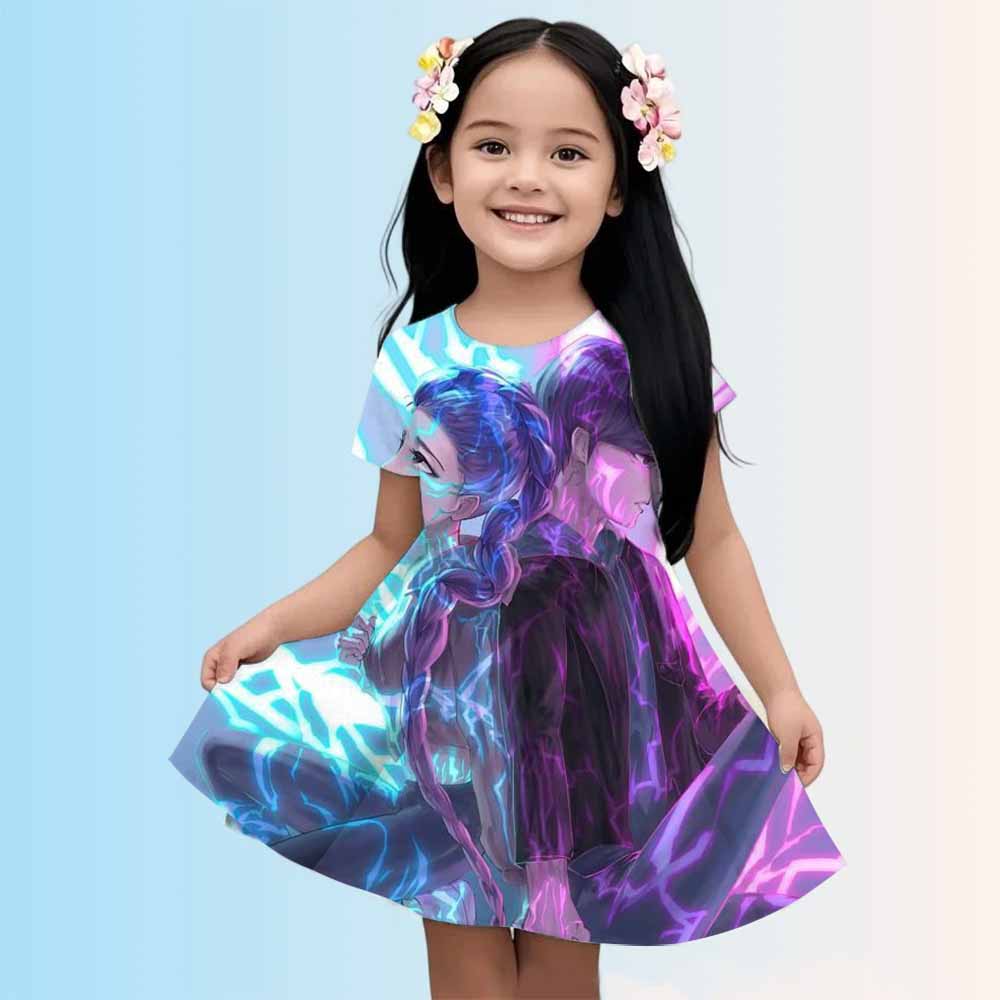 3-14 Year Old Girl KPop Demon Hunters 3d Printed Short Sleeved Dress Loose And Comfortable Party Dress 100-160