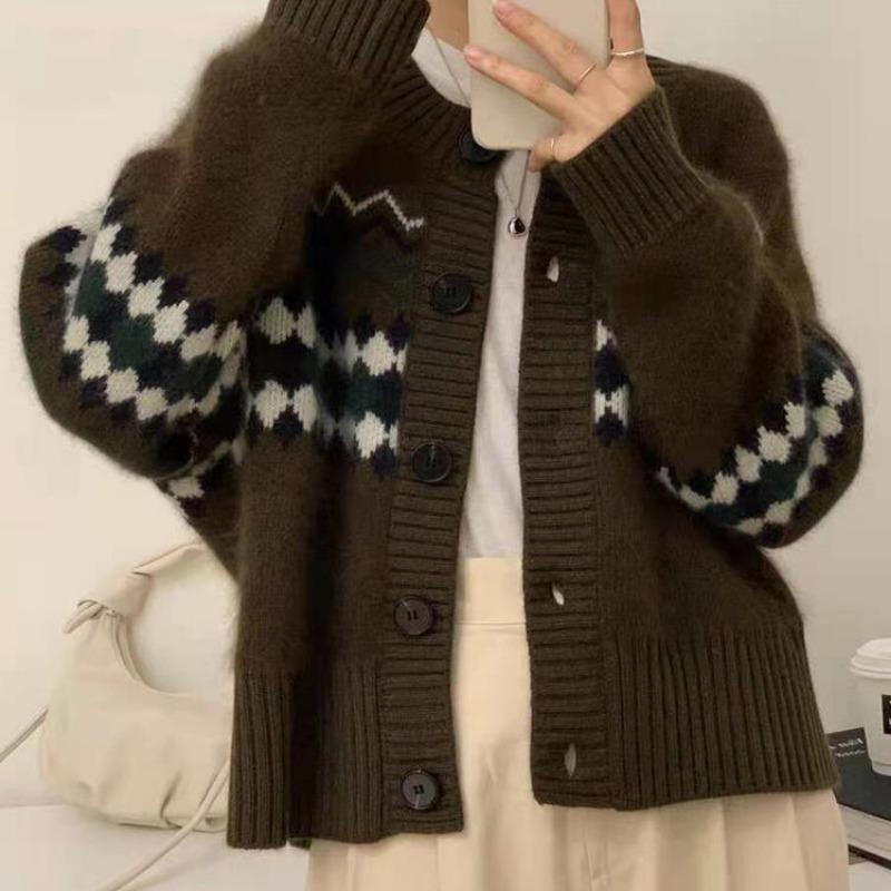 New Autumn Long Sleeve Print Cashmere Sweater Women Fashion Round Neck Loose Knitted Cardigans Jacket Women Elegant Vintage Lady Cardigan Tops 25504