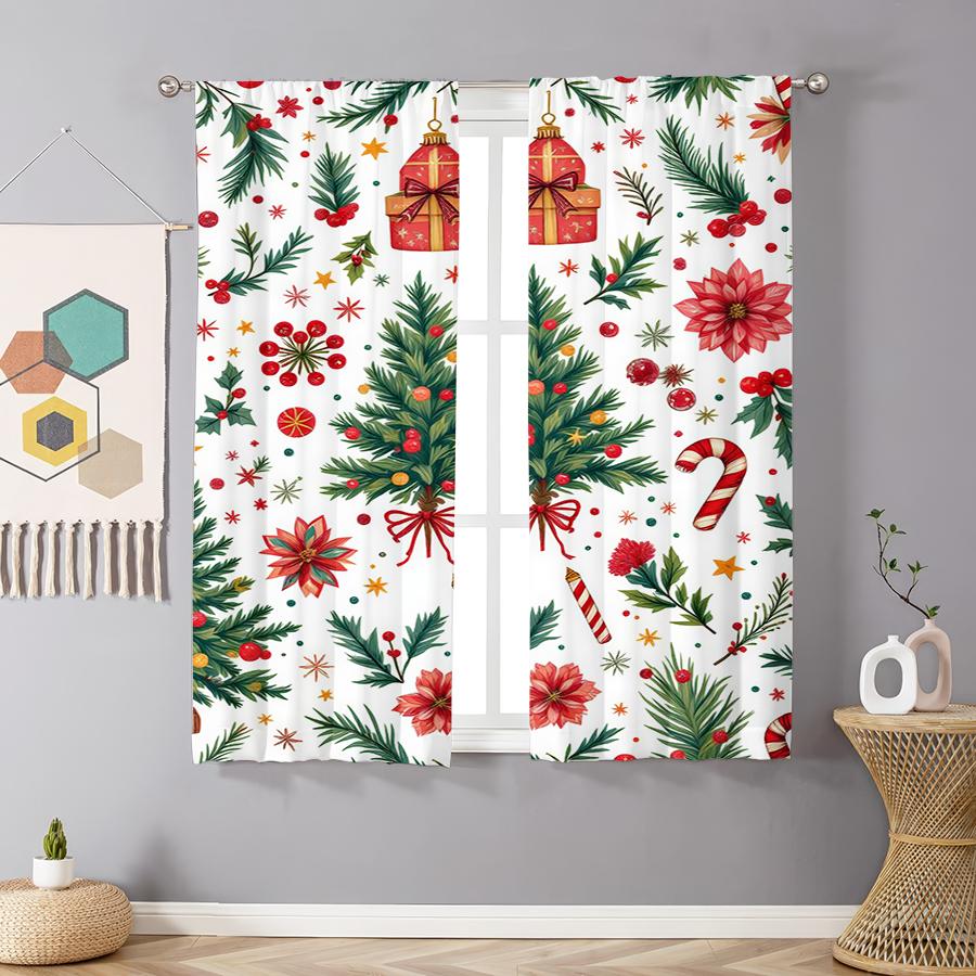 2pcs Festive Christmas Pattern Curtain  Polyester Holiday Window Decor  Winter Berry Gold Curtains  Home Decor Rod Pocket Curtains.