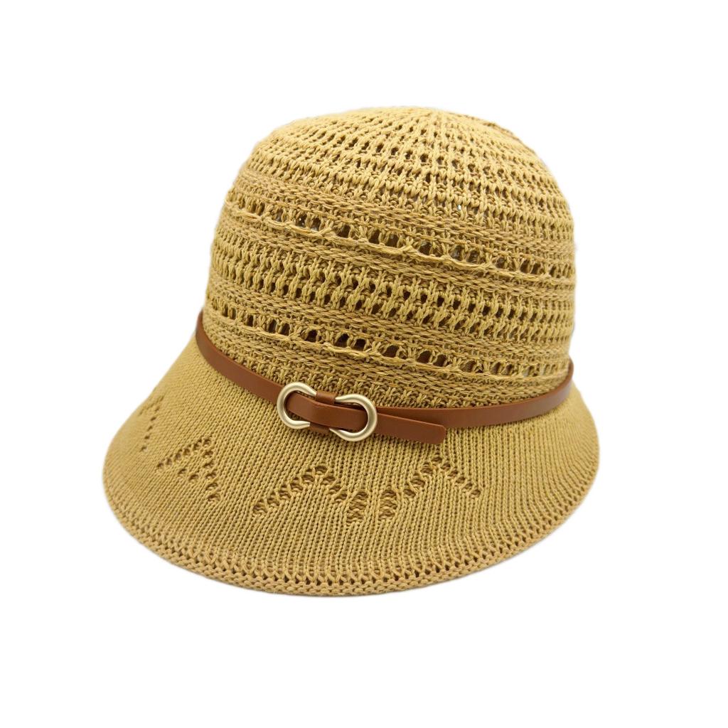 Internet celebrity belt buckle knitted bucket hat retro hollow breathable sunscreen hat small face versatile basin hat