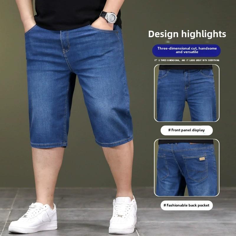 Pantaloni scurți din denim cu secțiune subțire de vară, largi, mărimi mari, pantaloni elastici cu talie înaltă pentru bărbați, cu cinci cai