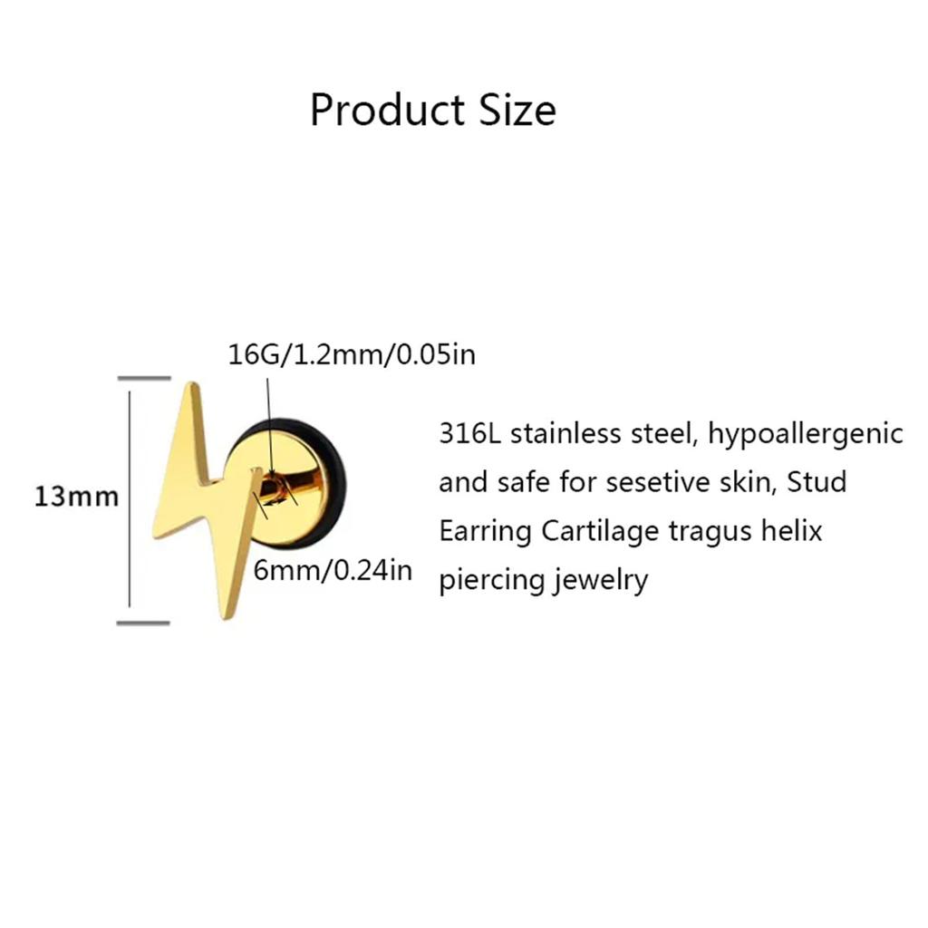 2Pcs 16G Stainless Steel Lightning Bolt Stud Earrings Unisex High Polished Flat Back Cartilage Tragus Helix Jewelry
