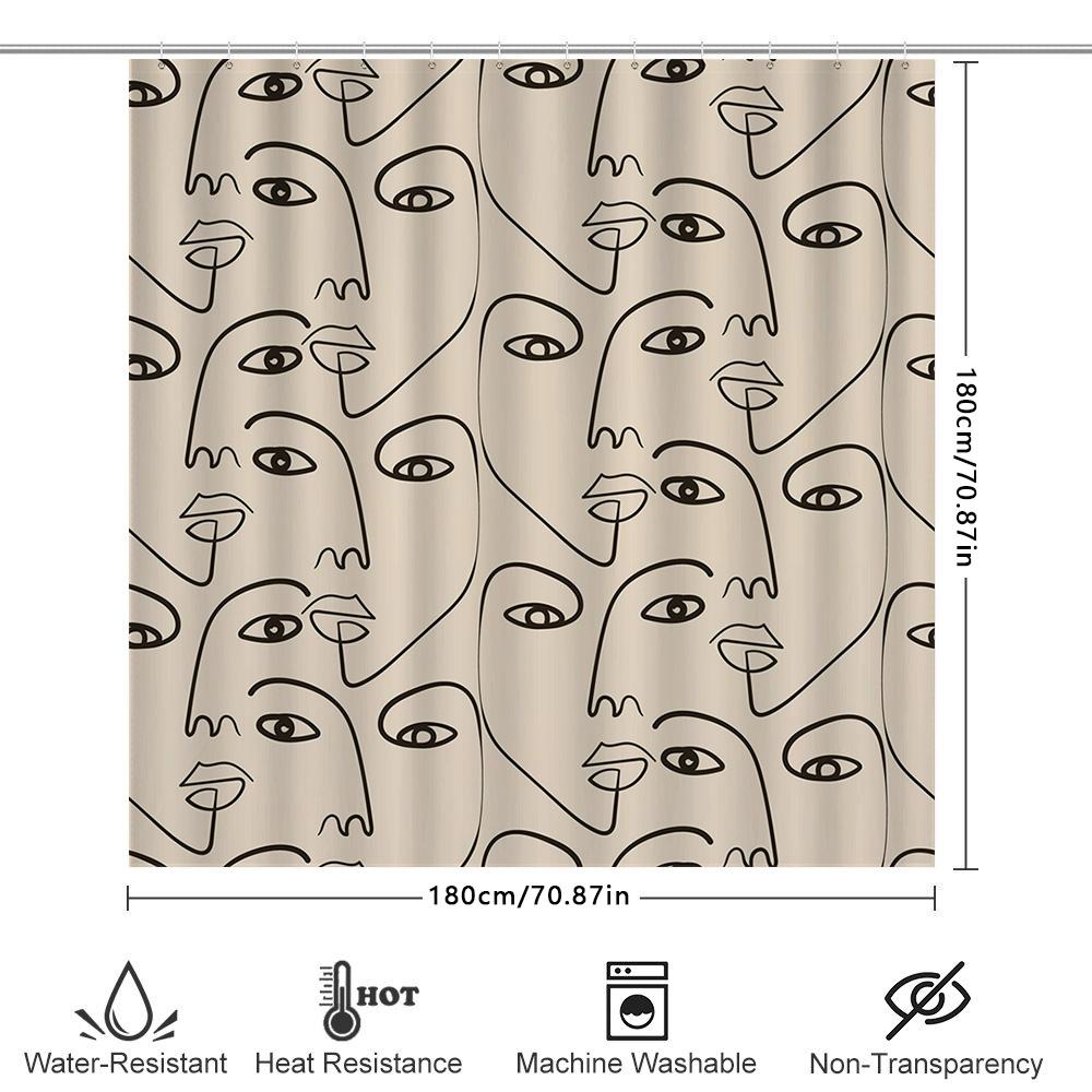 Modern Art Shower Curtain With Black Line Drawing Of Faces For Bathroom Decor White Color Polyester Fabric With Hook Rings Perfe