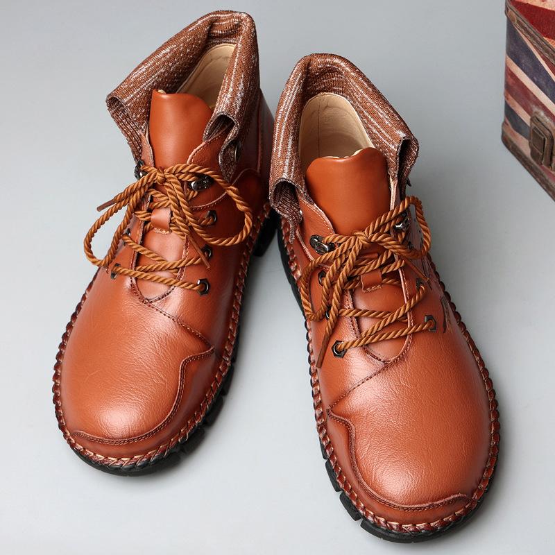 Plus Size Autumn and Winter Men's Lace-up Cow Leather Work Shoes Trendy High Top Fashion Shoes Big Head Shoes