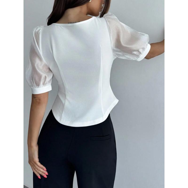 Summer New Style Women's Square Neck Mesh See-through Puff Sleeves Slim Fit Button Decorated Elegant Top