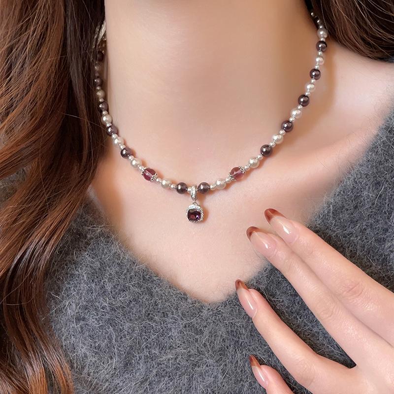 Manta Rose Shijia Pearl Necklace with Amethyst and Bubble Sugar Cubes Sweater Chain - Women's Autumn/Winter Pendant Jewelry