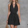Summer Women's Clothing Halter Deep V Neck Tie Waist Casual Short Slim Fit Dress