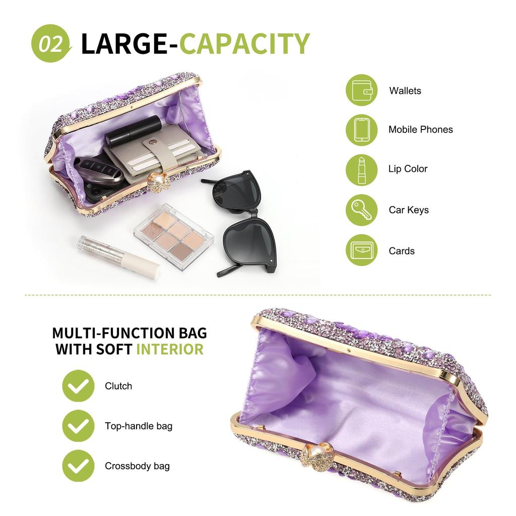 Uxcell Bolso de Noche para Mujer, Bolso de Mano Brillante con Pedrería de Cristal y Correa de Cadena, Morado Claro, para Bodas, Noches y Fines de Semana