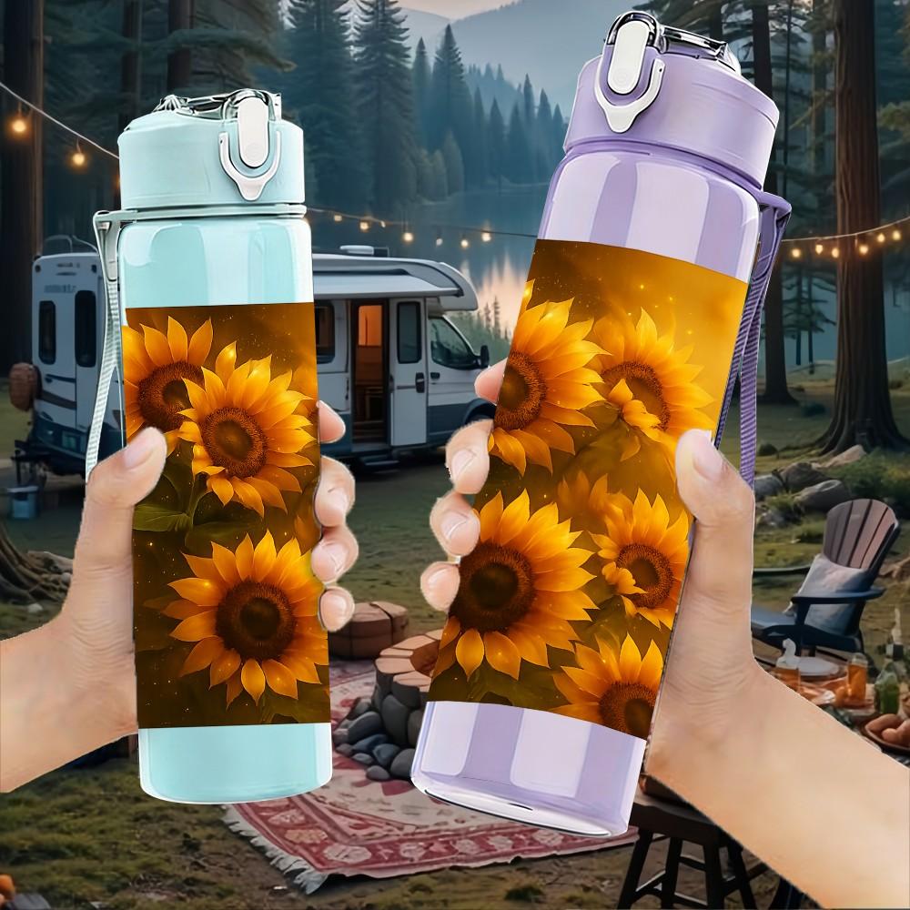 1PC Bright Sunflower Flower Print 750ml Color Plastic Sports Water Bottle Leakproof Flip Straw Lid Suitable for Sports Office Home Use