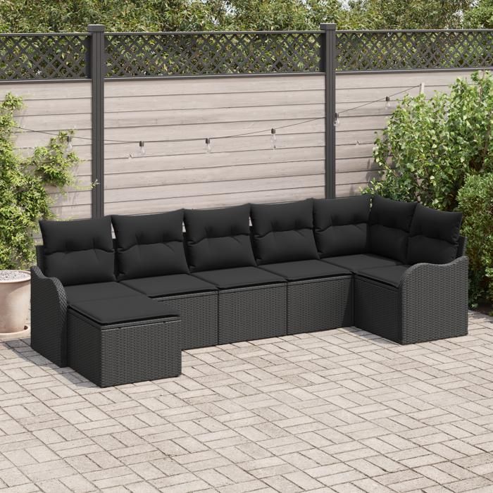 Ensemble de canapé jardin 7 pièces avec coussins en rotin poly noir vidaXL, Canapé jardin 2 places avec coussins en rotin 3345793