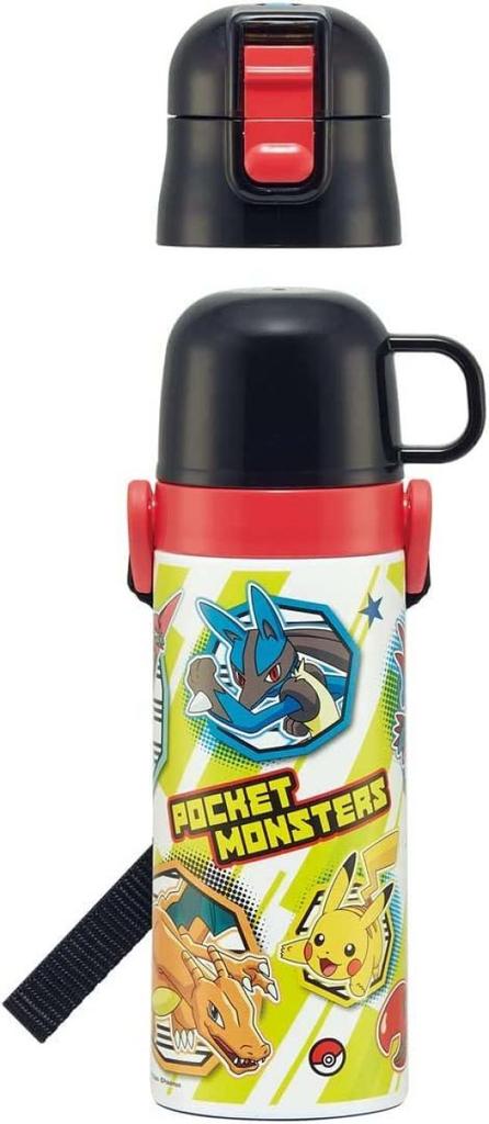 Skater Kids' Stainless Steel Water Bottle, 2-Way, 470ml (Direct Drink) or 430ml (Cup Drink), Pokemon Design 23, Kid-Friendly and Lightweight,