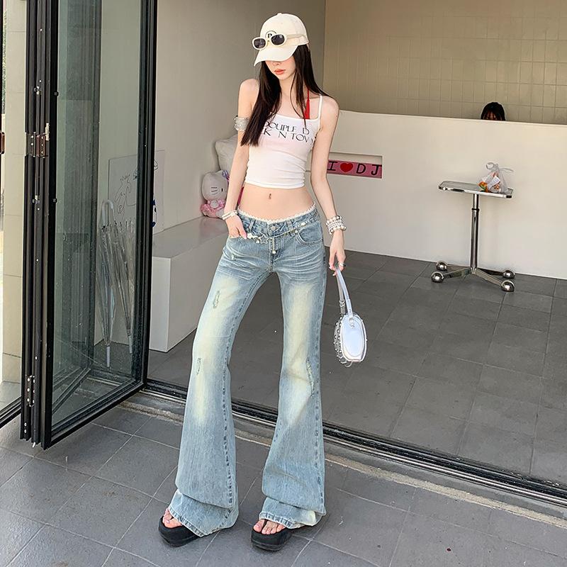 American Spice Girl light blue slightly pulled jeans women's summer new low-rise loose and thin wide-leg flared pants