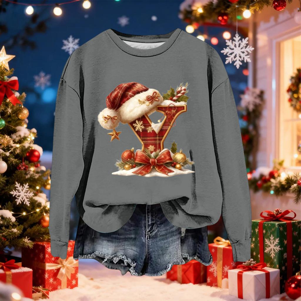 Women's Fashionable Casual Long-Sleeved Christmas Letter Print Crew-Neck Sweatshirt