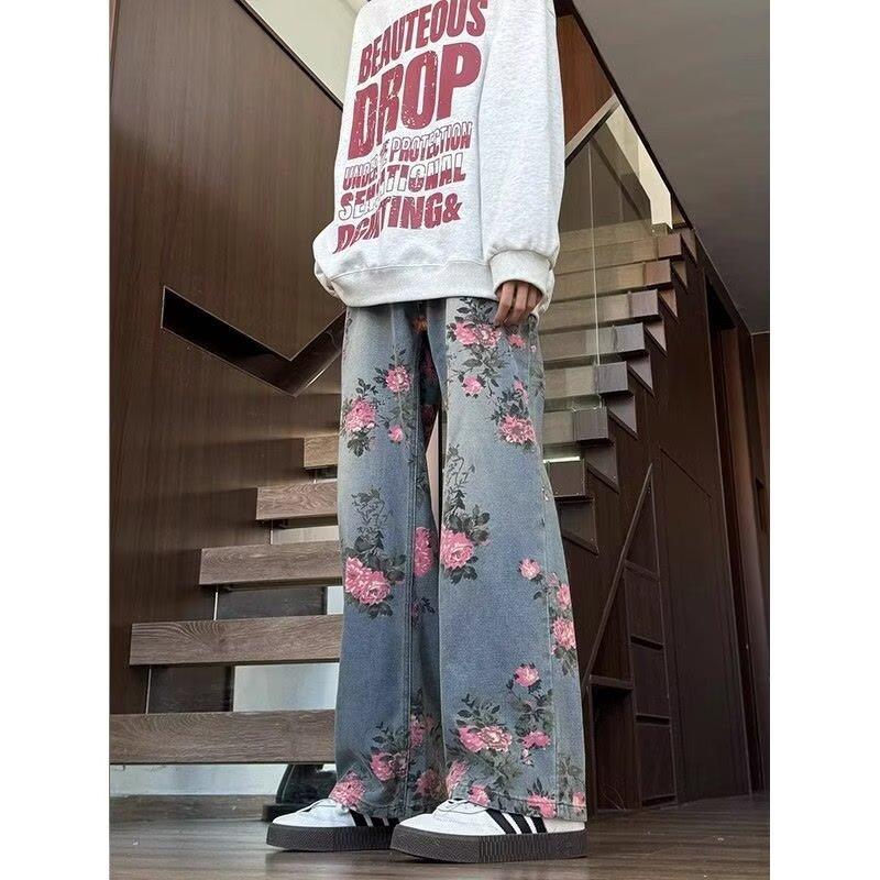 Spring And Summer Personalized Trend Loose Straight Leg Printed Jeans For Men
