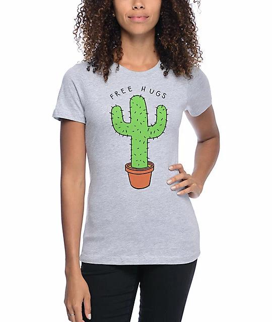 

A-Lab Womens Free Hugs Cactus Grey Boyfriend T-Shirt New XS, S, M, L S