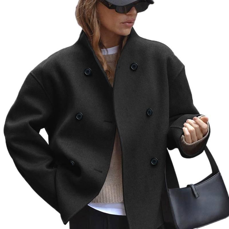 Women's Double-Breasted Solid Color Wool Coat Casual Elegant British Style Versatile Top for Women