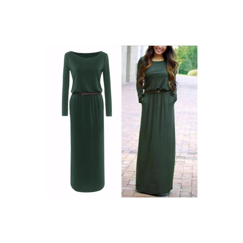 Casual Fashion Women Long Sleeve Belted Party Evening Cocktail Long Dress Maxi